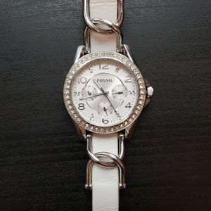 Fossil Riley White Leather Diamond Face Watch